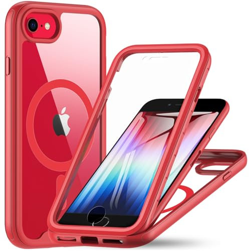 Hensinple Magnétique Coque pour iPhone SE 2022/iPhone SE2020/iPhone 8/iPhone 7 4,7 Pouces avec Protection D'écran, Compatible avec MagSafe, 360 Degrés Antichoc Protection Etui Housse - Rouge