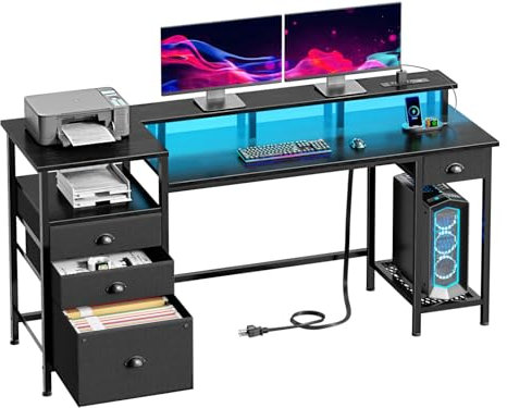 Furologee 60 Black Computer Desk with 4 Drawers and Printer Space, Gaming Desk with LED Lights and USB Power Outlets, Home Office Desk with Fabric File Cabinet,Study Work Table with Shelf for Bedroom