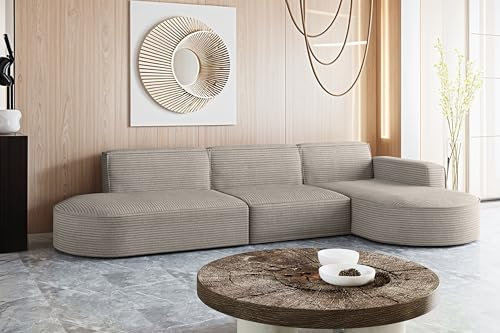 Kaiser Möbel - Ecksofa mit Wohnlandschaft, Eckcouch L Form, Sofa 3-sitzer, Polstersofa, Bigsofa, Bequemes Couch mit Ottomane für Wohnzimmer, Relaxsofa, Stoff Cord, Modena L, Hellbraun, Rechts