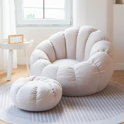 Stuhlabdeckung, Faules Sofa Lammhaar, kleines Sofa Faule Stuhl Möbel, Kürbis Sitzsack, Nordic Schlafzimmer, Stuffable Sitzsack Stuhlabdeckung mit Hocker (2 Stücke) (Off White, Größe XL)