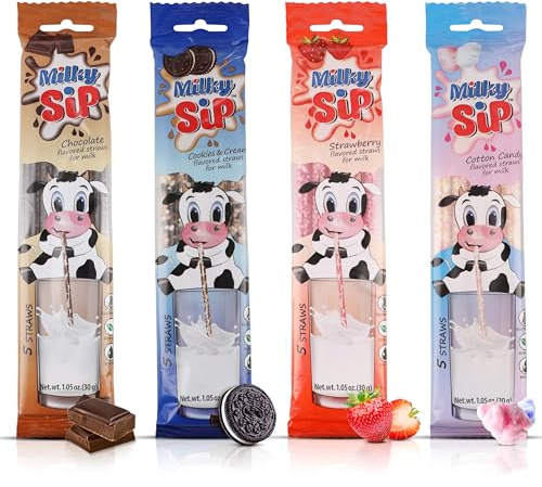 Milky Sip Magic Milk Straws - 4 Packs Flavored Straws for Milk, Chocolate, Strawberry, Cotton Candy, Biscuits and Cream, 20 Milk Flavoured Straws for Kids, Makes Kids