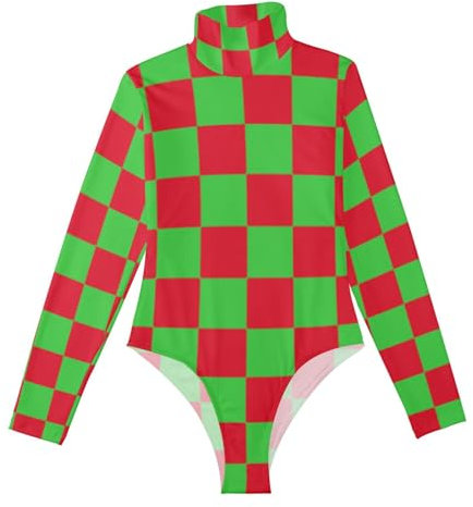 voucong Buffalo Plaid Check Rosso Lime Verde Manica Lunga Body da Donna Body Canotta Carino Uscire Top per Le Donne Mock Dolcevita Taglia Media, Buffalo Plaid Check Rosso Verde Lime, Medium