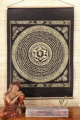 GURU SHOP Buddhistischer Wandbehang aus Loktapapier, Tibetischer Buddhismus Dekoration - OM Mantra Mandala/gold, Schwarz, 70x47x0,3 cm, Bilder & Bilderrahmen
