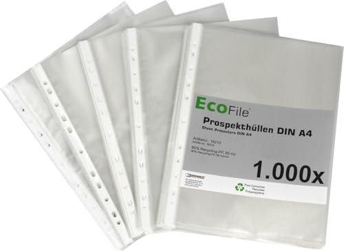 ECOfile Prospekthülle A4 nachhaltig 1000 Stück aus Post-Consumer-Recycling PP 80 my transparent genarbt, Schmalseite oben offen, mit Abheftrand, Eurolochung, weißem Verstärkungsstreifen