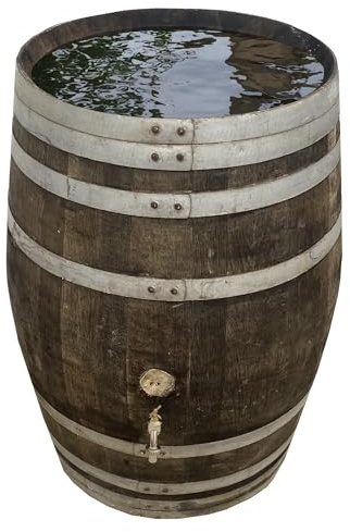 Fassl Baron Regentonne gebrauchtes Weinfass Holzfass Regenfass Barriquefass Eiche 225 Liter Wasserfass Tonne Bottich Fass (unbehandelt, Messinghahn 3/4 Zoll)