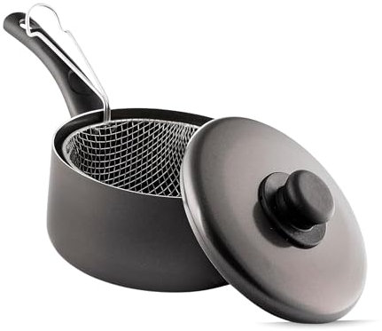Chip Pan with Basket & Lid Non-Stick Fat Fryer Set 22cm | Durable Crispy Frying Pan with Plastic Handles | Ideal for Gas Stoves & Home Frying (10 Black) (Black, 20cm)