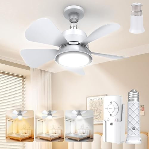 HZSANUE Ceiling Fan with Lights and Remote Control, E27 B22d Base,Small LED Ceiling Fans Lamp, 3 Fan Speeds,3 Colors Dimmable, LED Ceiling Light for Bedroom, Kitchen, Living Room, Pack of 1