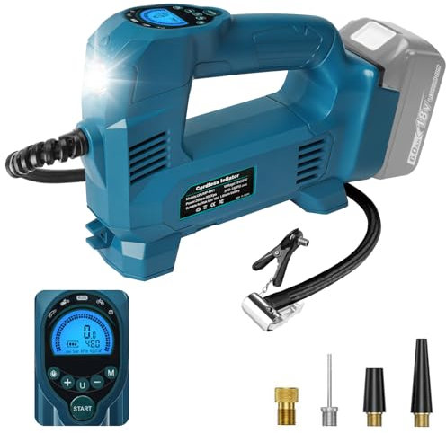 QUPERR Compresor de aire portátil compatible con baterías Makita 18V, Inflador inalámbrico hasta 10,3 bar con luz LED y parada automática para coche, moto, bicicleta, pelotas (sin batería)