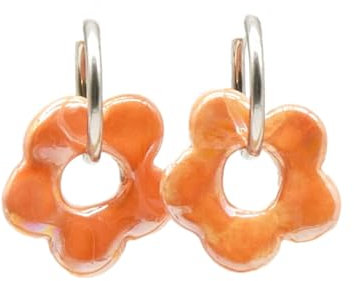 Feliss Creolen Silber Blumen Ohrringe mit Keramik Blume kleine Hoop Earrings 80er Jahre Edelstahl Creole mit Anhänger Boho Schmuck Damen Modeschmuck Y2k Accessoires hängend (Cold Blossom Orange)