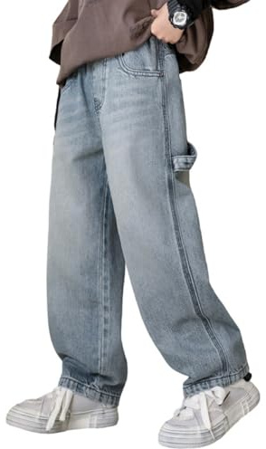 Rolanko Baggy Jeans Jungen, Weites Bein Elastischer Taille und Mehreren Taschen, Cargo Hosen Jeans für Kinder, Blau Straps, 11-12 Jahre, 160