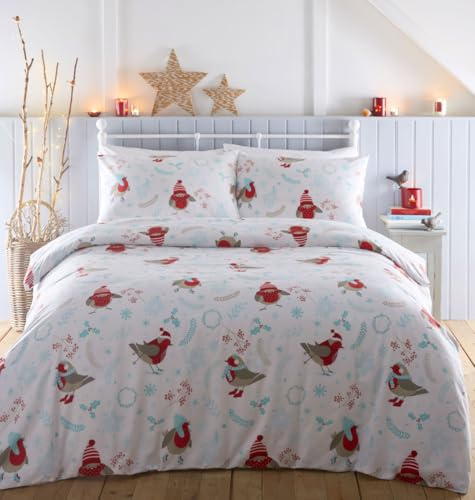 HOMEMAKER BEDDING Christmas Duvet Cover Set, Robin Winter Scene with Ice Blue Snowflakes (Double)