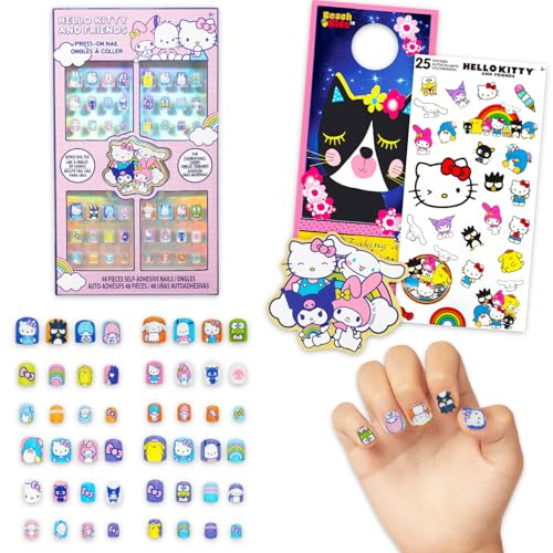 Hello Kitty and Friends Press-On Nails for Kids - Bundle with 48 Stick-On Nails Featuring My Melody, Kuromi, Cinnamoroll, More Plus Stickers, More | Hello Kitty Manicure Kit for Girls