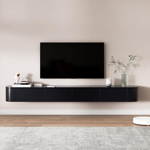 FGNIXLN Floating TV Unit,120-300CM Wall Mounted TV Cabinet, Floating TV Stand with Flip-Down Doors & Drawers, Modern TV Media Console Center Large Storage TV Bench (Black(B), 200CM)