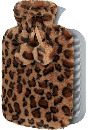Hot Water Bottle with Cover – 1.8 Litre Hot Water Bottle with Soft Faux Fur Cover & Pom Poms for Pain Relief, Period Pain, Back Pain & Cozy Warmth – Great Gift for Men & Women (Leopard Brown)