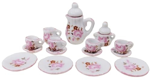 Ngbbby Service à thé Miniature en Porcelaine échelle 1:12, 15 pièces, Mini Tasses à thé Motif Rose, Assiettes théière pour la Cuisine de la Maison de poupée