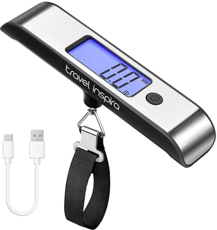 travel inspira USB-C Aufladbare Kofferwaage Digital mit Haken 50kg | Kofferwaage für Reise Gepäckwaage Ohne Batterie Hängewaage Reisen, kg/lb/st wechselbar, Tara, LCD, Handwaage Koffer