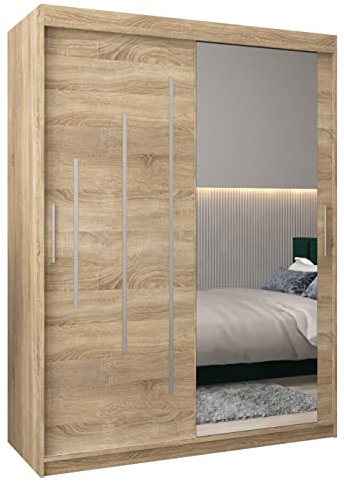 MEBLE KRYSPOL York 2 150 Schlafzimmerschrank mit Zwei Schiebetüren, Spiegel, Kleiderstange und Regalen – 150x200x62cm - Sonoma