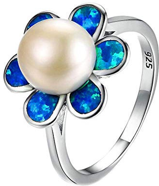 Purmy Opal Weißgold Ring Blauer Opal Blume Form Pearl Opal Schmuck für Frauen 62 (19.7)