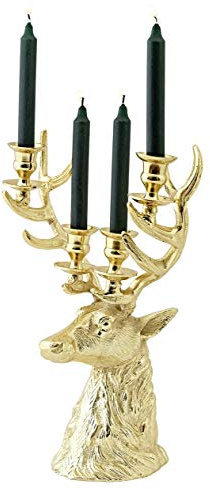 EDZARD Kerzenleuchter Hirsch Richard (H 43 cm) in Gold-Optik - Kerzenhalter, Kerzenständer Silber für Stabkerzen - Deko Kerzen, Tischdeko, Silber Deko für Kerzen in Rentierfigur mit Samtfuß