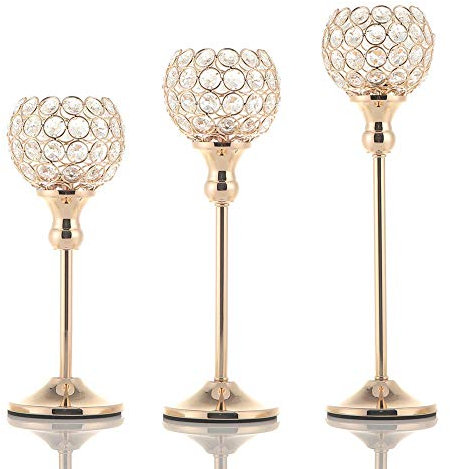 Vincidern 3 x goldene Kristall-Kerzenhalter für Hochzeitstischdekoration, Esstisch, Kamin, Halloween-Weihnachtsfeier, Tischdekoration, Kerzenständer, 10,2 cm große Kristallschale
