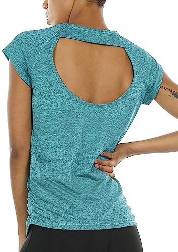 icyzone Damen Sport T-Shirt Kurzarm Laufshirt Rückenfrei Fitness Oberteile Gym Yoga Top (M, Baltic)