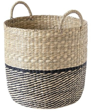 Calicosy CASÂME Panier Rond en Jonc de Mer - Fibres Naturelles - Rangement et Décoration - Cache Pots - avec Poignées - Salon, Chambre - Beige et Noir - L37 x P37 x H36,5 cm