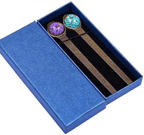 Wisdompro 2 Pcs Metal Bookmark Ruler, Vintage Bronze Bookmarks with Dried Flower, Packaged in a Gift Box, Page Markers Gift for Women Girls, Teacher, Student, Book Lovers - Blue, Purple