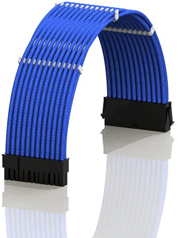 LINKUP - AVA 30cm ATX 24 Pin (20+4) Motherboard PSU Braided Sleeved Power Supply Extension Cable w/Combs | Strong & Stiff Design | Single Pack | 300mm - Blue