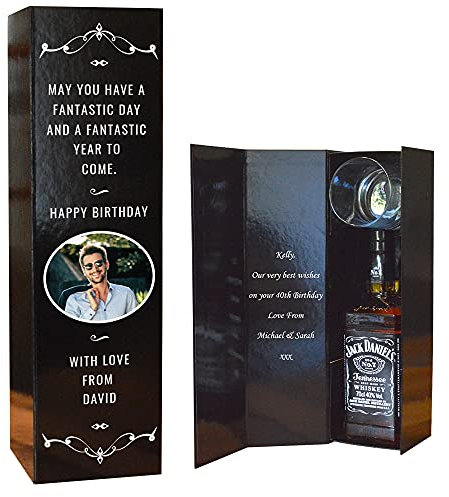 Personalised Whiskey Bottle Gift Set Engraved Photo in Box with Whisky Glass Tumbler Black Vintage Modern Magnetic Inside 1 x 70 CL