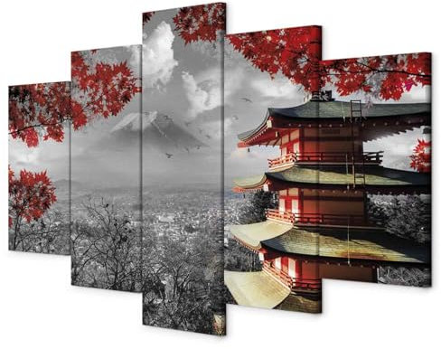murando - Akustikbild Japan 100x50 cm 5 tlg Bilder Akustikschaum Schallschutz Kunst Akustikpaneele Wandpaneele Schalldämmung Wandbild Schallabsorber Landschaft Schwarz Weiß rot c-C-0241-b-m
