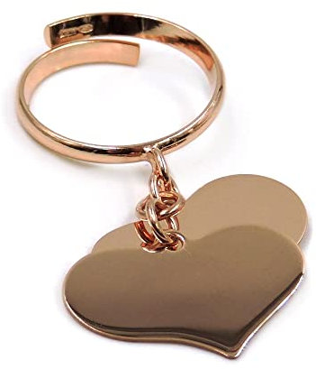 Anello in Argento 925 Placcato Oro Rosa con Due Ciondoli Pendenti a forma di Cuore Personalizzabili con Incisione Gratuita Argento