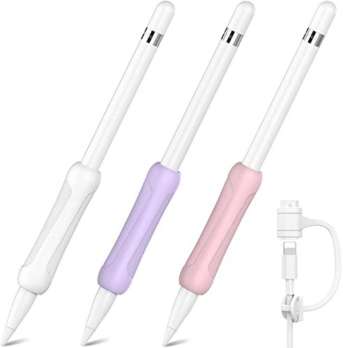 NIUTRENDZ Silikon Griff für Apple Pencil 1. Generation 3 Stück Apple Pencil Hülle Zubehör Ergonomisches Design Ärmel Halter【Kabeladapter-Tether Hinzugefügt】(Apple Pencil 1st, Weiß+Lila+Rosa)