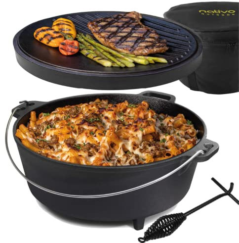 Nativo Dutch Oven Campingtopf Gusseisen Campingkocher mit Beinen Wendedeckel 6QT
