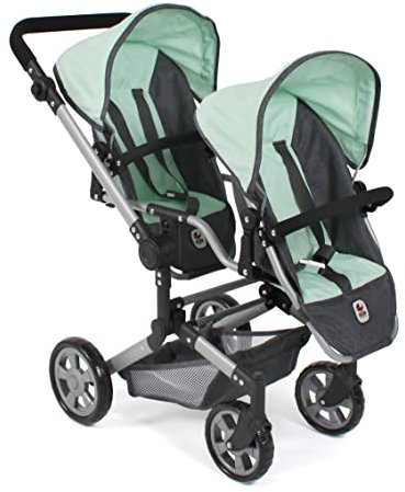 Bayer Chic 2000 - Puppenwagen Linus Duo, Zwillingspuppenwagen für Kinder von 4 bis 8 Jahren, Melange dunkelgrau, Mint, 690-67