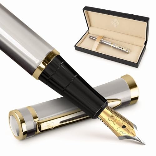 Wordsworth & Black Füllfederhalter-Set, 18K vergoldete Breite Feder, inklusive Tintenpatronen im 24er-Pack, Tintennachfüll-Konverter und Geschenketui, Gold-Beschichtung [Silber Gold]