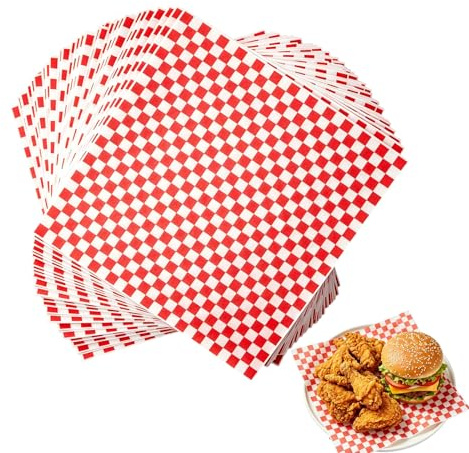 VASANA 100 Blatt rot und weiß kariertes Lebensmittel-Geschenkpapier, 30,5 x 30,5 cm, Sandwichpapier, Trockenwachs, Papier, Servierkorb, Einlagen, Deli-Papier für Restaurants, Grillen, Picknicks