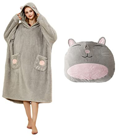iyoimono Hoodie Decke für Damen Kissens Kapuzenpullover 2 in 1 Flanell Fleece Weich Pullover Sweatshirt Kuscheldecke Flauschige Sherpa TV-Decke mit Ärmeln Tragbar Ganzkörperdecke(Graue Katze)