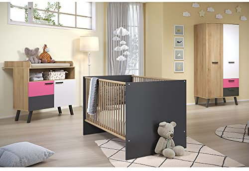 Babyzimmer Set, mit höhenverstellbaren Babybett grau, Wickeltisch mit Wickelaufsatz und Kleiderschrank 2 türig in Graphit, weiß und Buche inkl. Wechselblenden in rosa und blau