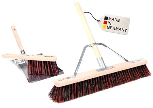 BawiTec Profi Kehrbesen Set mit speziellem Metall-Stielstabilisator,Arenga-Elaston-Borsten-Mix,inkl. stabilem Besenstiel Ø28mm,Handfeger 28cm,Metall-Kehrschaufel,Besen Straßenbesen (Breite 60cm)