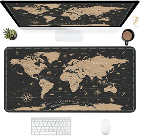 Tapis de bureau, carte du monde de navigation - Tapis de souris de jeu étendu pour le travail et les jeux - Base antidérapante en caoutchouc - Grand tapis de souris avec bords cousus - 80 x 40 cm