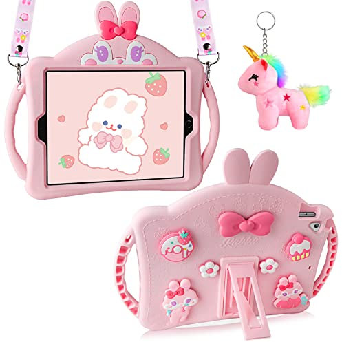 Aolcev for iPad 6th/5th Generation Case iPad Air 2 for Kids Girls Heavy Duty Shockproof Silicone with Stand Lanyard Cute Unicorn Keychain Tablet Protective Cover for iPad 9.7 inch-Pink