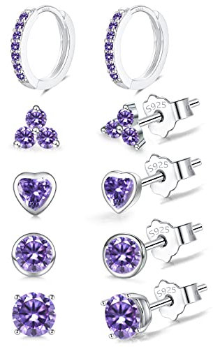 Sterling Silver Studs Earrings Set for Women, 5 Pairs Small Huggie Hoop & Studs Earrings Set | Hypoallergenic Purple Cubic Zirconia Earring Jewellery Set for Girls
