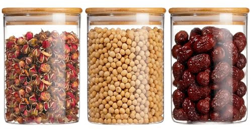 Glass Storage Jars with Lids High Borosilicate Glass Clear Airtight Food Storage Container Jar with Sealing Lid, Tea, Coffee Beans, Flour, Candy, Cookie, Spice, Cereal (750ML-3Pcs)