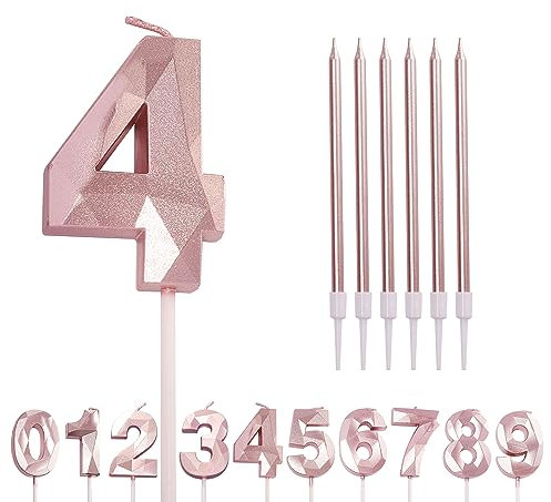 Number Candle Rose Gold 4 Candle 4th Birthday Candles for Cake, Pink Gold Happy Birthday Candles 4th Birthday Cake Candles Cake Topper for Girls Birthday Wedding Anniversary Cake Decorations