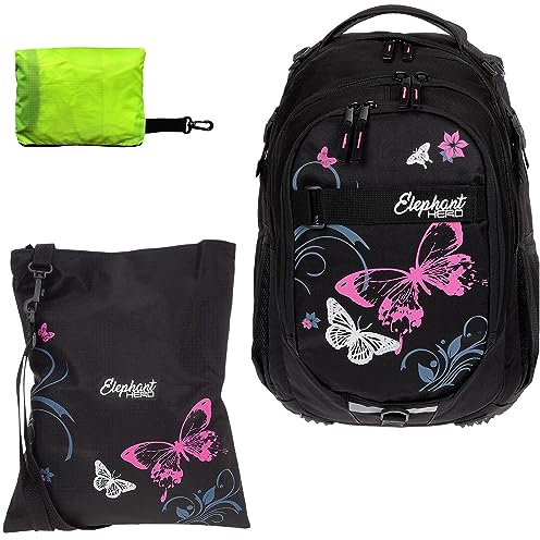 Schulrucksack Jungen Mädchen ab 3. Klasse Schule Tasche Brustgurt Schultasche Rucksack mit Sportbeutel Attach Bag und Regenhülle Premium 3 Teile Set Auswahl rtp (Butterfly Pink 12679)