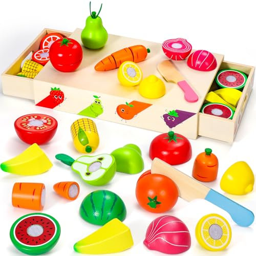 Subtail Wooden Play Food Toddler Toys - Pretend Food Toys Kitchen Accessories for Kids with Fruit and Veggies - Wooden Cutting Toy Birthday Gift for 2 Year Old Kids Boys Girls