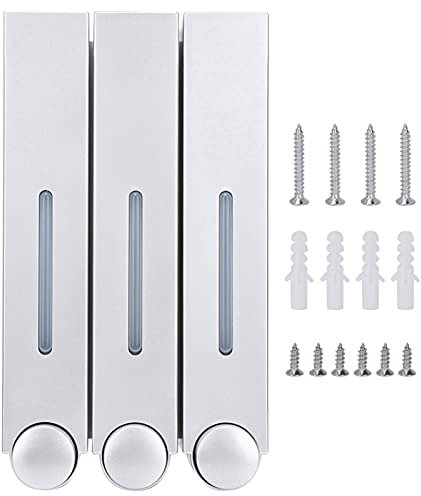 Tissting Distributeur De Savon Mural, Boîte à Savon Liquide Manuelle à 3 Chambres, Savon De Douche, Shampoing, Après-shampooing, Distributeurs 3 en 1 pour Salle De Bain D'hôtel (11x6x3.5in)(Argent)
