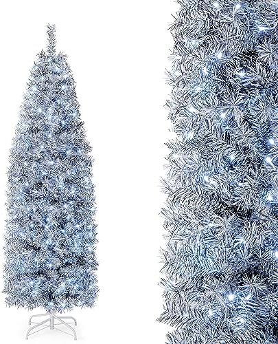 COSTWAY 6 FT Pre-Lit Artificial Christmas Tree, Hinged Slim Pencil Christmas Tree with 250 Cool-White LED Lights, 475 Branch Tips and Metal Base, Xmas Holiday Decor for Home Office (White + Black)