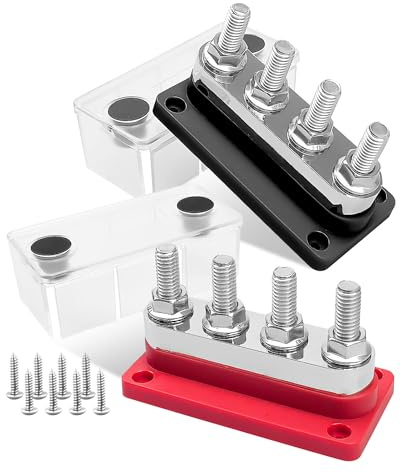 2Pcs Marine Battery Bus Bar 12-48V 600A, 4 M10 Studs (3/8) Heavy Duty Power Distribution Terminal Block, High Current Copper Busbar with Waterproof Cover, Red & Black