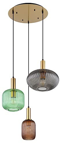 LED Pendelleuchte Retro messing Hängelampe Esstisch Glas Pendelleuchte Glas 3 Flammig, rauch grün coffee, Alu Metall, 3x 7W 3x 806lm warmweiß, DxH 55x130 cm